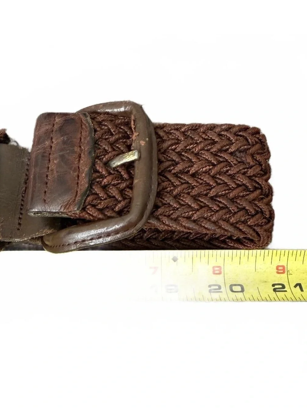 Vintage Brown Woven Stretch Belt Leather Trim Adjustable Made in Italy 42”